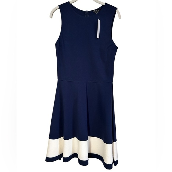 Aqua Dresses & Skirts - Aqua Womens Sleeveless Fit Flare Navy Dress White Trim Scoop Neck Size Large NWT